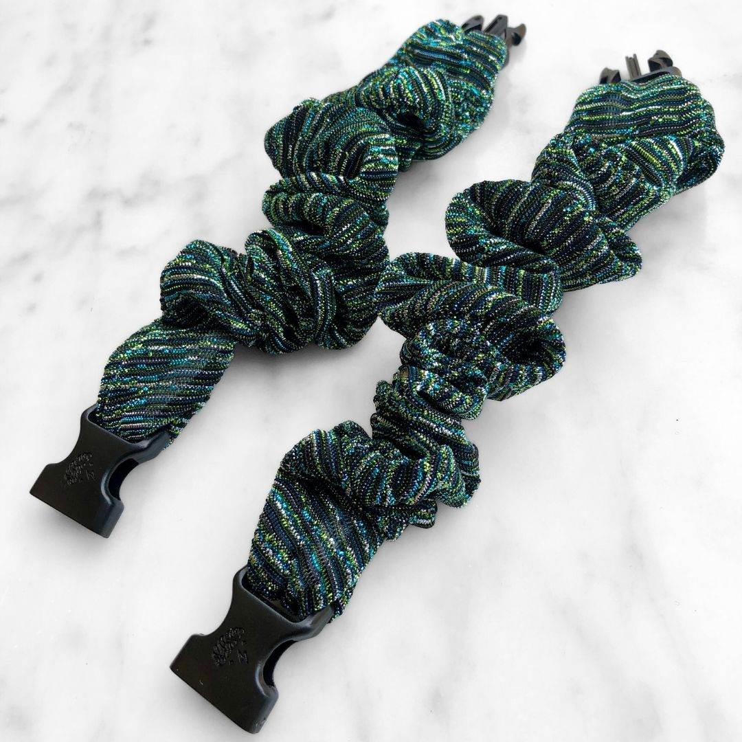 Best hair tie elastics and scrunchie hair accessories for snag-free, pull-free, rip-free, hair. Smooth, effortless hair ties and hair scrunchies for athletes, active moms, fitness, & sports. Peacock Stripes Buckle Scrunchie - No Snagging, No Tangles