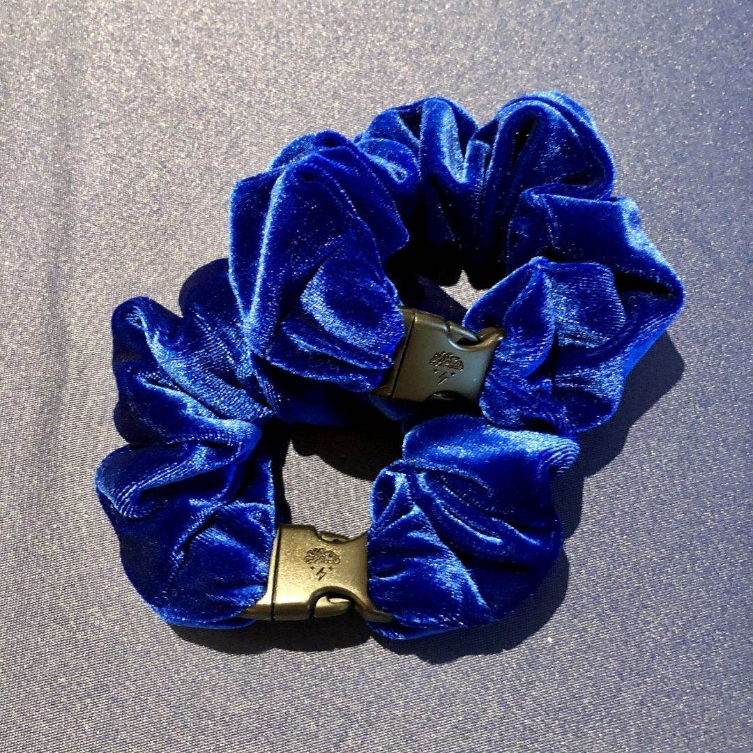Best hair tie elastics and scrunchie hair accessories for snag-free, pull-free, rip-free, hair. Smooth, effortless hair ties and hair scrunchies for athletes, active moms, fitness, & sports. Sapphire Blue Velvet Buckle Scrunchie - No Snagging, No Tangles