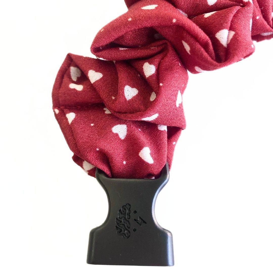 Best hair tie elastics and scrunchie hair accessories for snag-free, pull-free, rip-free, hair. Smooth, effortless hair ties and hair scrunchies for athletes, active moms, fitness, & sports. Hearts Red Buckle Scrunchie - No Snagging, No Tangles