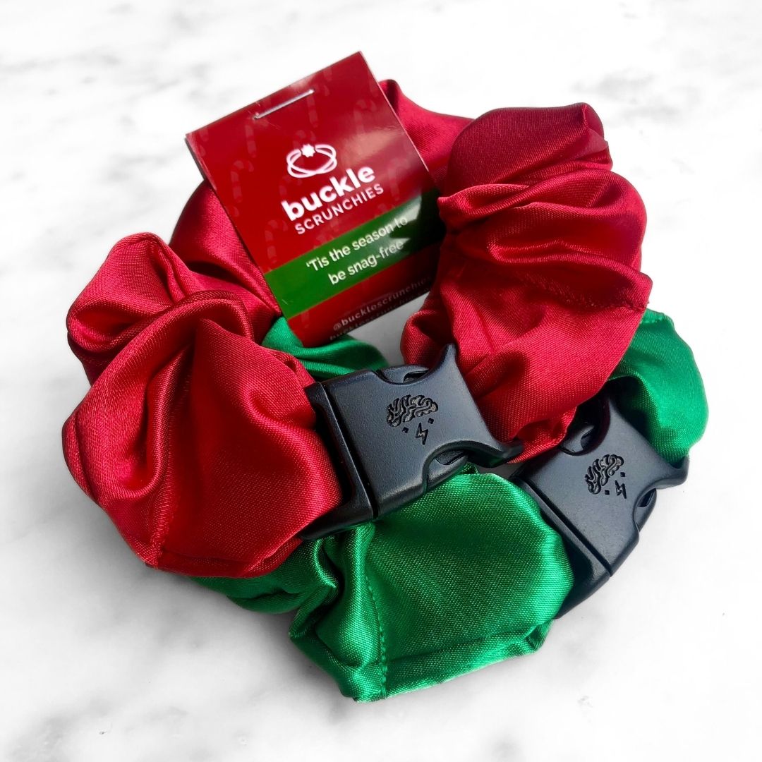 Best hair tie elastics and scrunchie hair accessories for snag-free, pull-free, rip-free, hair. Smooth, effortless hair ties and hair scrunchies for athletes, active moms, fitness, & sports. Jolly Duo - 2-Pack Christmas Holiday Buckle Scrunchies - No Snagging, No Tangles Satin Standard (1.25 to 1.5 inch thickness)