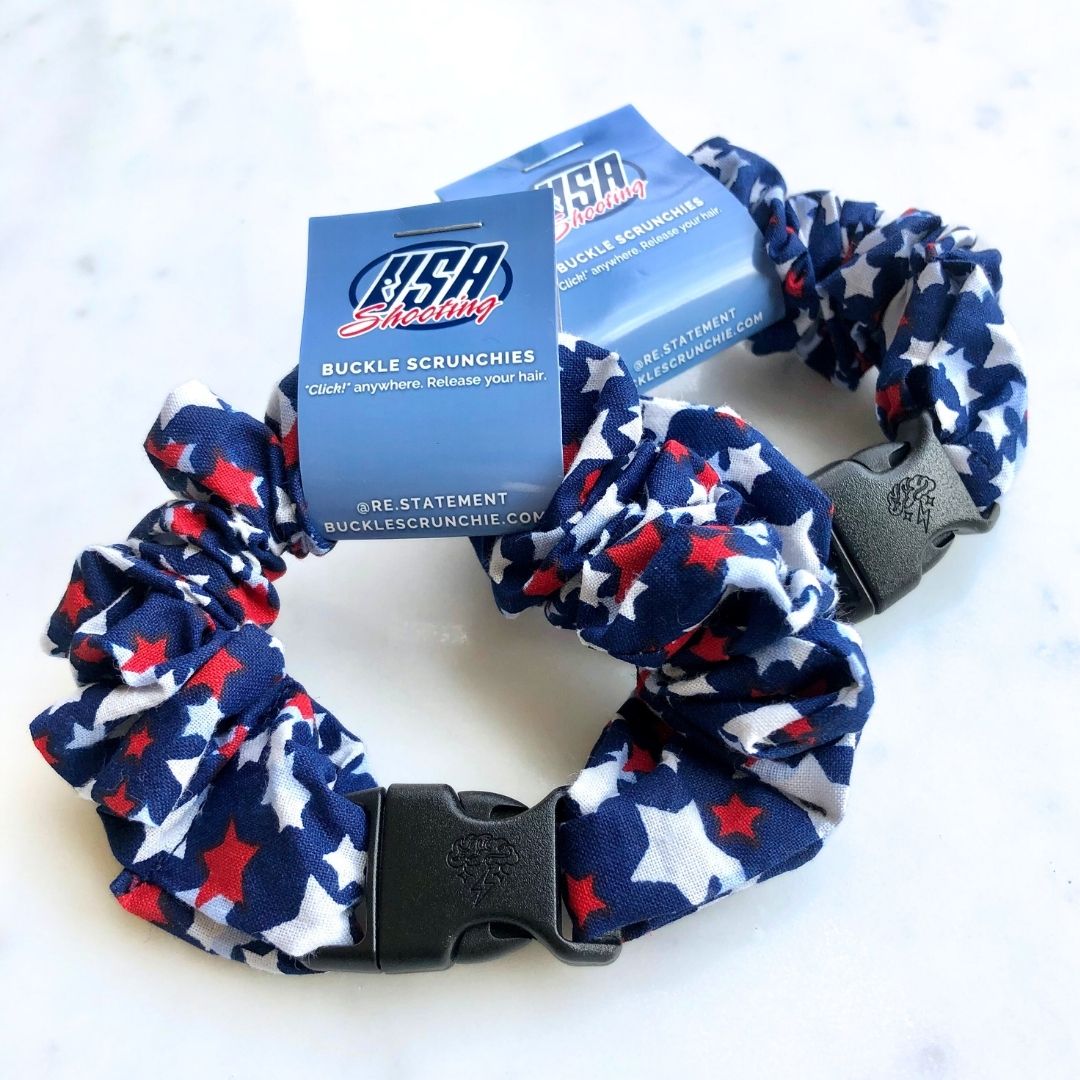 Best hair tie elastics and scrunchie hair accessories for snag-free, pull-free, rip-free, hair. Smooth, effortless hair ties and hair scrunchies for athletes, active moms, fitness, & sports. Team USA "Shooting" Stars Patriotic Buckle Scrunchie - No Snagging, No Tangles