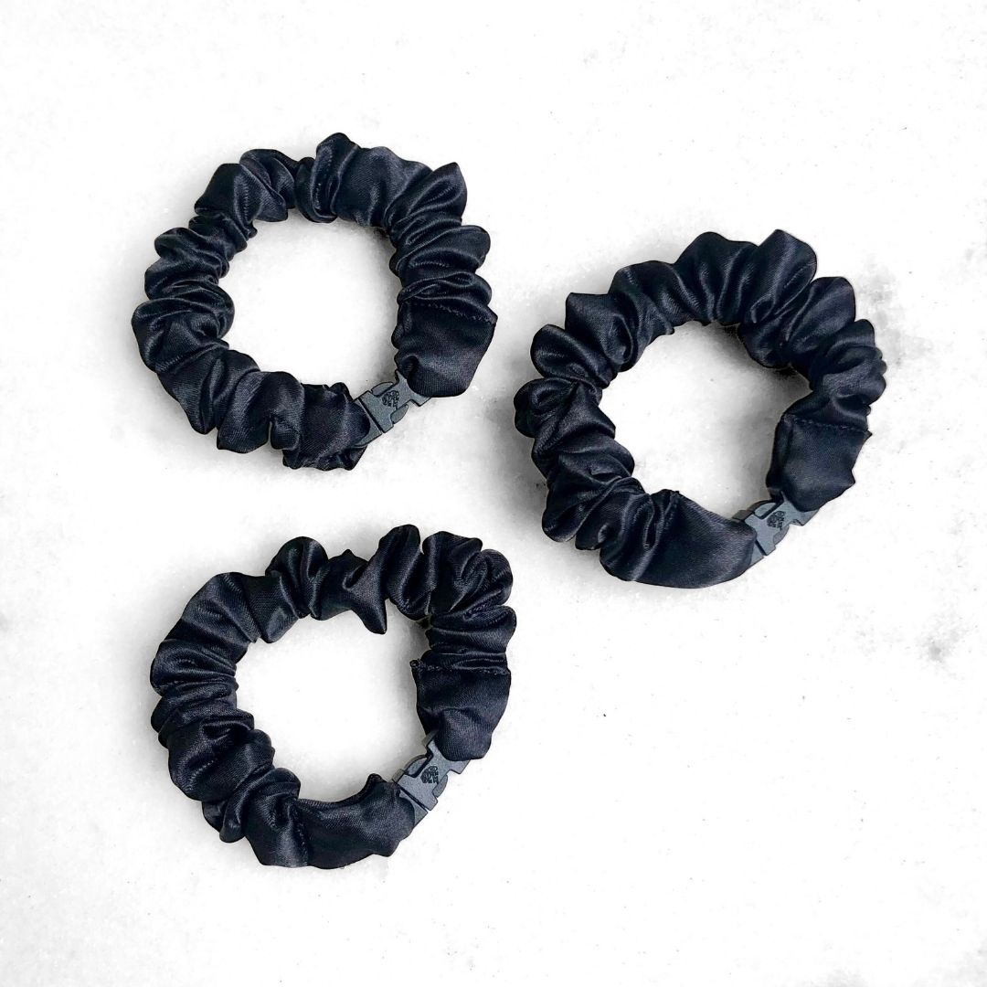 Best hair tie elastics and scrunchie hair accessories for snag-free, pull-free, rip-free, hair. Smooth, effortless hair ties and hair scrunchies for athletes, active moms, fitness, & sports. MINI 3-Pack Neutral Buckle Scrunchies Bundle - No Snagging, No Tangles