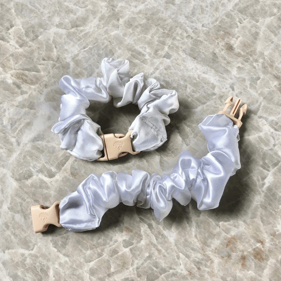 Best hair tie elastics and scrunchie hair accessories for snag-free, pull-free, rip-free, hair. Smooth, effortless hair ties and hair scrunchies for athletes, active moms, fitness, & sports. Buckle Scrunchie - Neutral Colors - No Snagging, No Tangles Iceberg White Recycled Satin Standard (1.25 to 1.5 inch thickness)