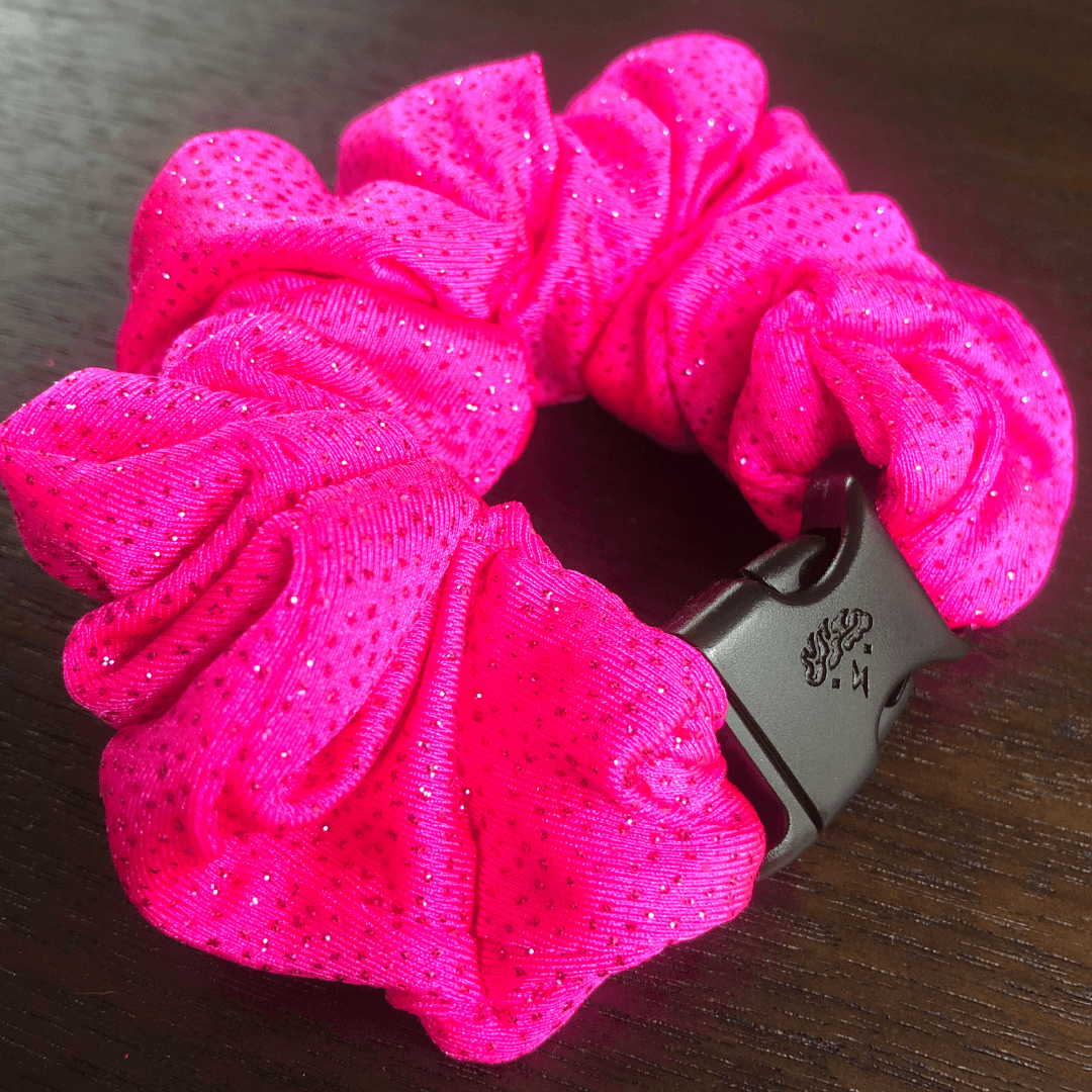Best hair tie elastics and scrunchie hair accessories for snag-free, pull-free, rip-free, hair. Smooth, effortless hair ties and hair scrunchies for athletes, active moms, fitness, & sports. Hot Pink Sparkles Buckle Scrunchie - No Snagging, No Tangles Hot Pink Sparkles Recycled Polyblend Standard (1.25 to 1.5 inch thickness)