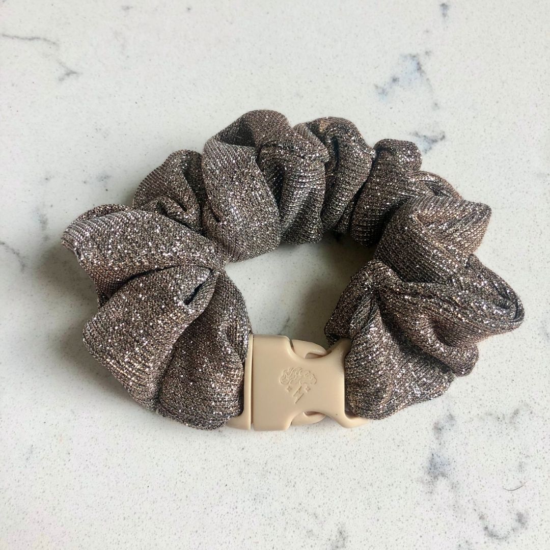 Best hair tie elastics and scrunchie hair accessories for snag-free, pull-free, rip-free, hair. Smooth, effortless hair ties and hair scrunchies for athletes, active moms, fitness, & sports. Champagne Glitter Buckle Scrunchie - No Snagging, No Tangles