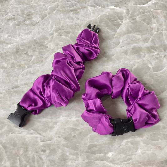 Best hair tie elastics and scrunchie hair accessories for snag-free, pull-free, rip-free, hair. Smooth, effortless hair ties and hair scrunchies for athletes, active moms, fitness, & sports. Buckle Scrunchie - Vibrant Solid Colors - No Snagging, No Tangles Grape Soda Purple Recycled Satin Standard (1.25 to 1.5 inch thickness)