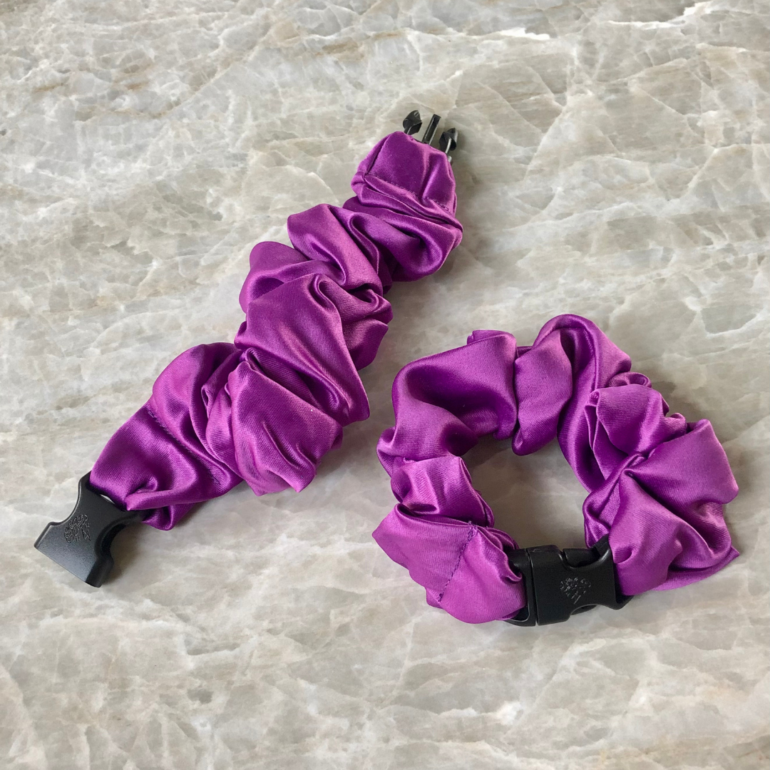 Best hair tie elastics and scrunchie hair accessories for snag-free, pull-free, rip-free, hair. Smooth, effortless hair ties and hair scrunchies for athletes, active moms, fitness, & sports. Buckle Scrunchie - Vibrant Solid Colors - No Snagging, No Tangles Grape Soda Purple Recycled Satin Standard (1.25 to 1.5 inch thickness)