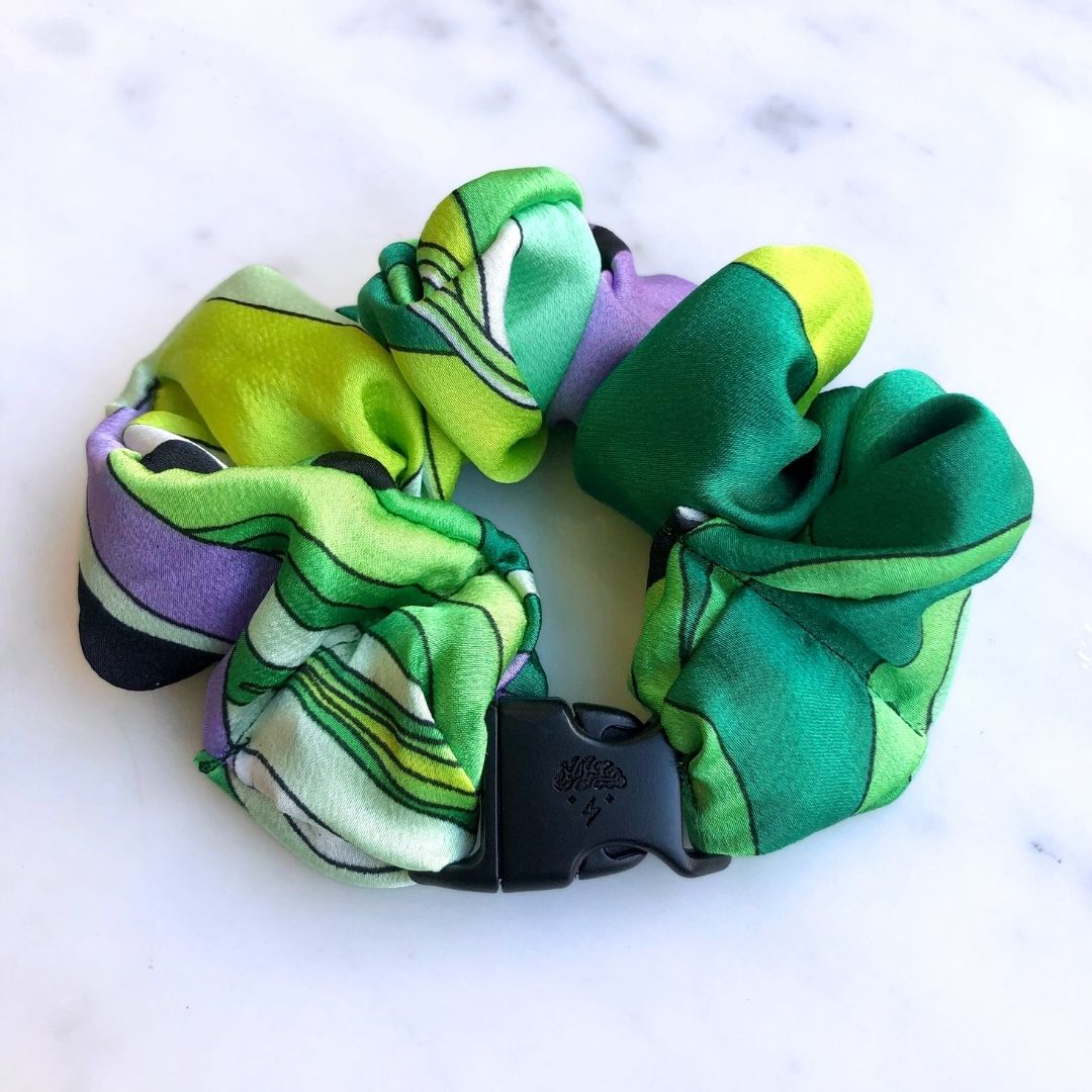 Best hair tie elastics and scrunchie hair accessories for snag-free, pull-free, rip-free, hair. Smooth, effortless hair ties and hair scrunchies for athletes, active moms, fitness, & sports. Lucky Green Buckle Scrunchie - No Snagging, No Tangles
