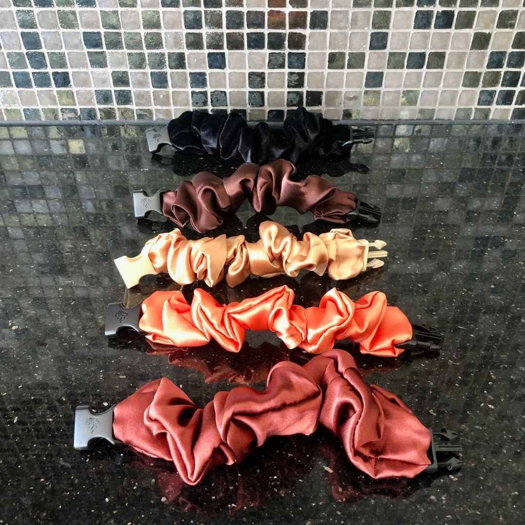 Best hair tie elastics and scrunchie hair accessories for snag-free, pull-free, rip-free, hair. Smooth, effortless hair ties and hair scrunchies for athletes, active moms, fitness, & sports. Fall Essentials - 5-Pack Autumn Halloween Buckle Scrunchies - No Snagging, No Tangles