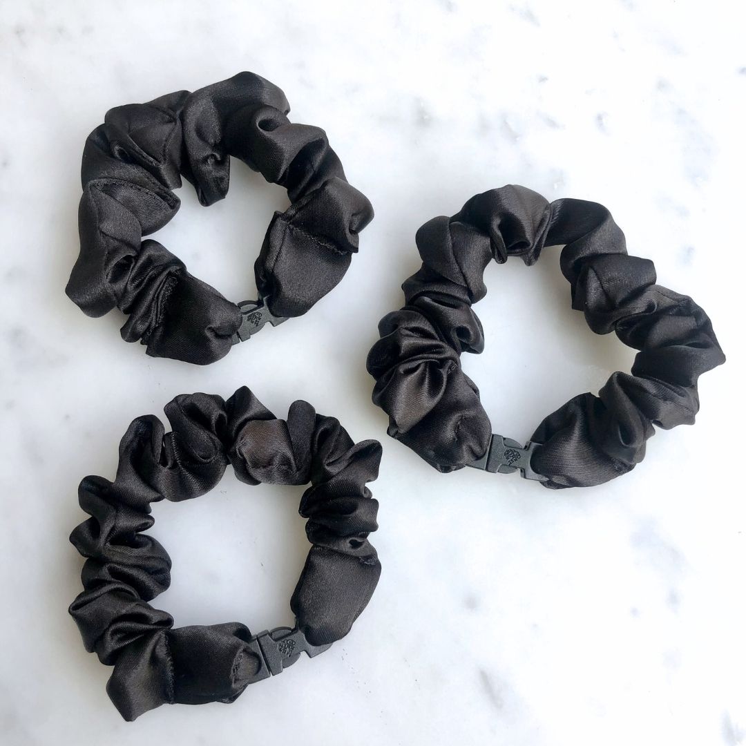 Best hair tie elastics and scrunchie hair accessories for snag-free, pull-free, rip-free, hair. Smooth, effortless hair ties and hair scrunchies for athletes, active moms, fitness, & sports. MINI 3-Pack Neutral Buckle Scrunchies Bundle - No Snagging, No Tangles