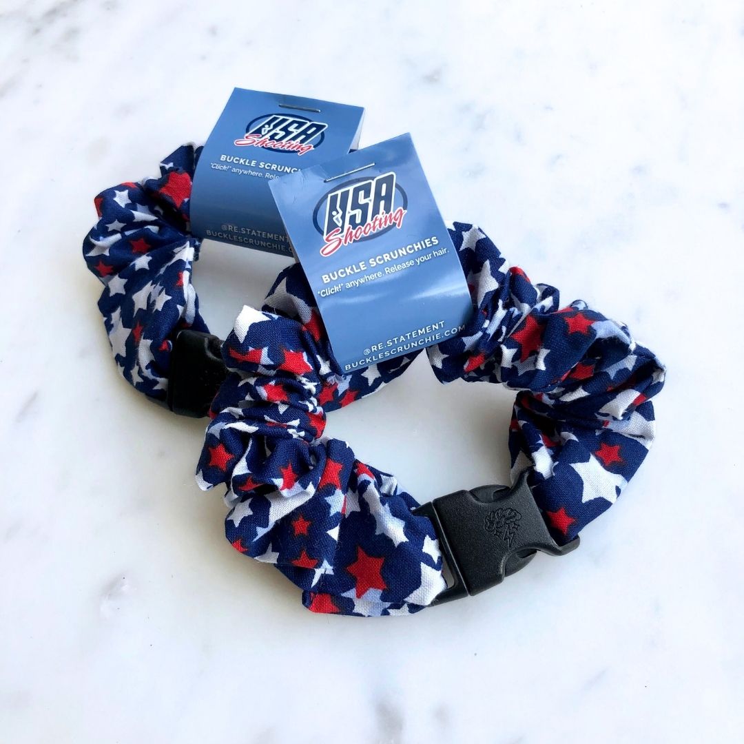 Best hair tie elastics and scrunchie hair accessories for snag-free, pull-free, rip-free, hair. Smooth, effortless hair ties and hair scrunchies for athletes, active moms, fitness, & sports. Team USA "Shooting" Stars Patriotic Buckle Scrunchie - No Snagging, No Tangles
