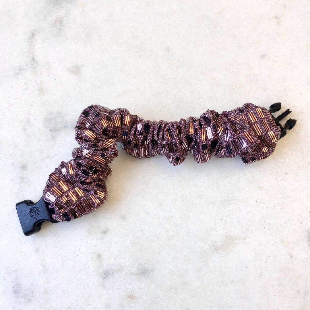 Best hair tie elastics and scrunchie hair accessories for snag-free, pull-free, rip-free, hair. Smooth, effortless hair ties and hair scrunchies for athletes, active moms, fitness, & sports. Disco Mauve Buckle Scrunchie - No Snagging, No Tangles