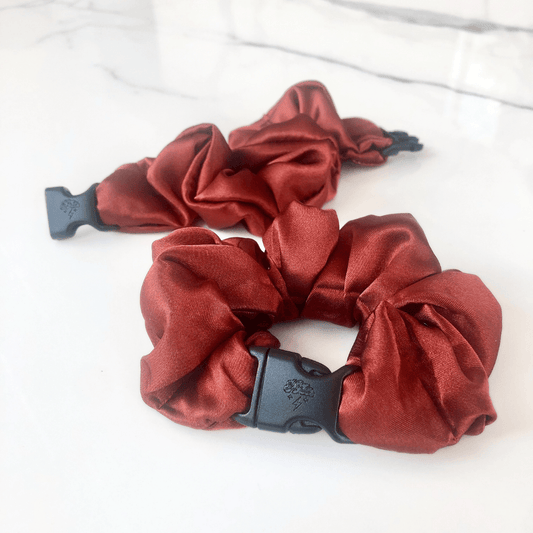 Best hair tie elastics and scrunchie hair accessories for snag-free, pull-free, rip-free, hair. Smooth, effortless hair ties and hair scrunchies for athletes, active moms, fitness, & sports. Warm Collection Buckle Scrunchies - No Snagging, No Tangles Maple Leaf Red Recycled Satin Standard (1.25 to 1.5 inch thickness)