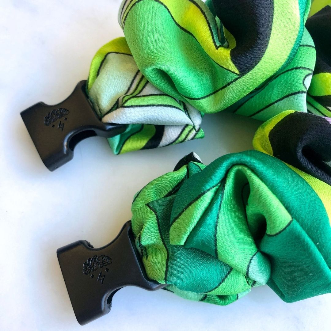 Best hair tie elastics and scrunchie hair accessories for snag-free, pull-free, rip-free, hair. Smooth, effortless hair ties and hair scrunchies for athletes, active moms, fitness, & sports. Lucky Green Buckle Scrunchie - No Snagging, No Tangles