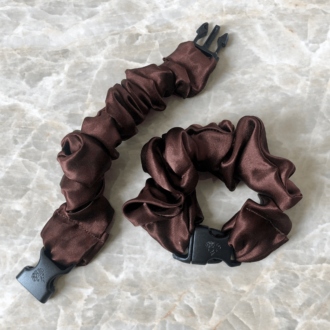 Best hair tie elastics and scrunchie hair accessories for snag-free, pull-free, rip-free, hair. Smooth, effortless hair ties and hair scrunchies for athletes, active moms, fitness, & sports. Buckle Scrunchie - Neutral Colors - No Snagging, No Tangles Chocolate Brown Recycled Satin Standard (1.25 to 1.5 inch thickness)