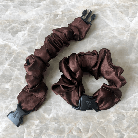 Best hair tie elastics and scrunchie hair accessories for snag-free, pull-free, rip-free, hair. Smooth, effortless hair ties and hair scrunchies for athletes, active moms, fitness, & sports. Buckle Scrunchie - Neutral Colors - No Snagging, No Tangles Chocolate Brown Recycled Satin Standard (1.25 to 1.5 inch thickness)