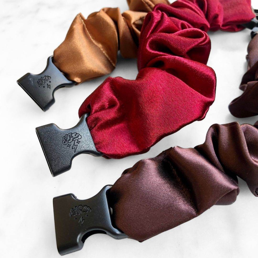 Best hair tie elastics and scrunchie hair accessories for snag-free, pull-free, rip-free, hair. Smooth, effortless hair ties and hair scrunchies for athletes, active moms, fitness, & sports. Fall Essentials - 3-Pack Autumn Halloween Buckle Scrunchies - No Snagging, No Tangles