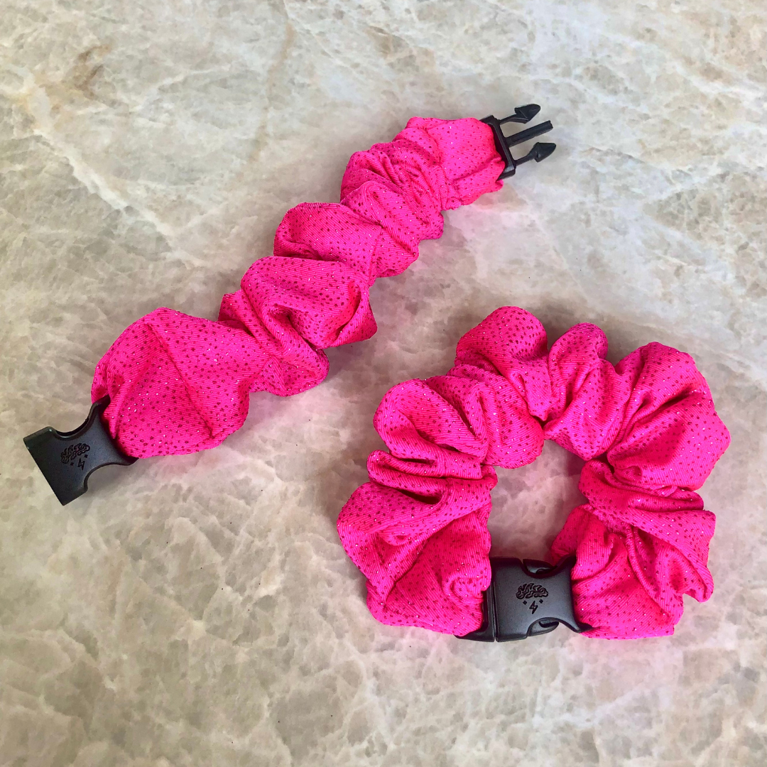 Best hair tie elastics and scrunchie hair accessories for snag-free, pull-free, rip-free, hair. Smooth, effortless hair ties and hair scrunchies for athletes, active moms, fitness, & sports. Hot Pink Sparkles Buckle Scrunchie - No Snagging, No Tangles