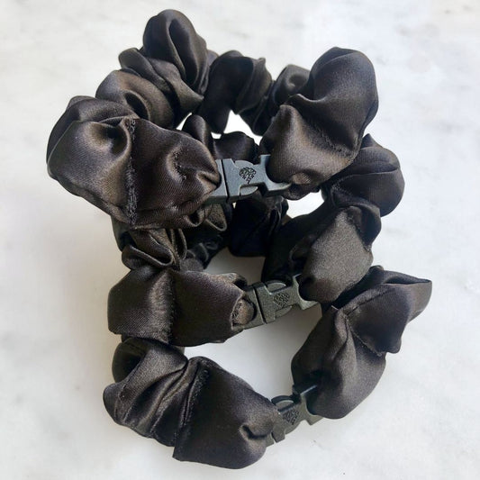 Best hair tie elastics and scrunchie hair accessories for snag-free, pull-free, rip-free, hair. Smooth, effortless hair ties and hair scrunchies for athletes, active moms, fitness, & sports. MINI 3-Pack Neutral Buckle Scrunchies Bundle - No Snagging, No Tangles