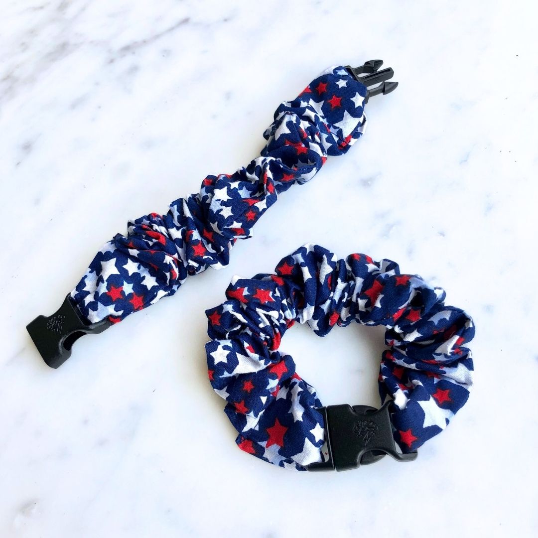 Best hair tie elastics and scrunchie hair accessories for snag-free, pull-free, rip-free, hair. Smooth, effortless hair ties and hair scrunchies for athletes, active moms, fitness, & sports. Team USA "Shooting" Stars Patriotic Buckle Scrunchie - No Snagging, No Tangles