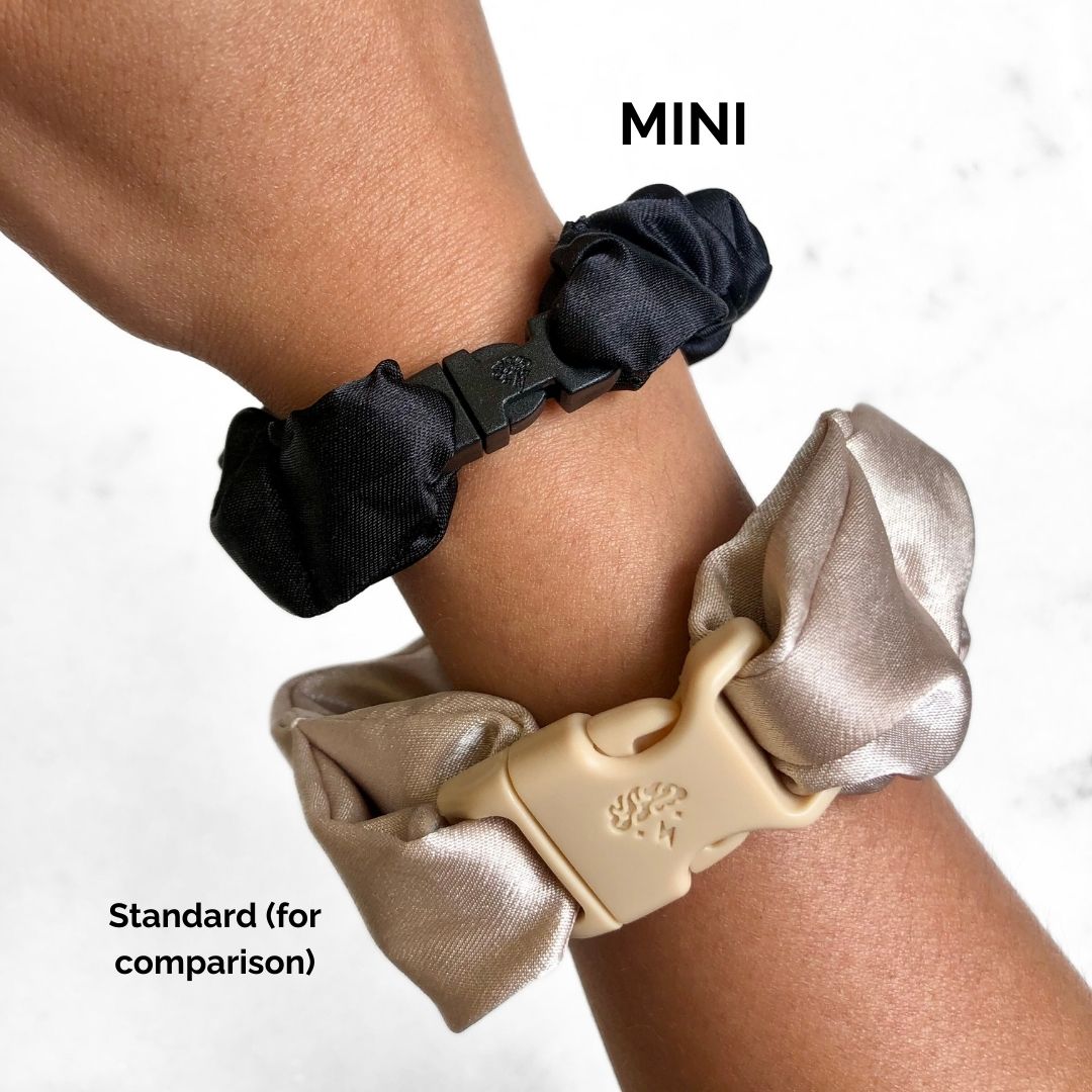 Best hair tie elastics and scrunchie hair accessories for snag-free, pull-free, rip-free, hair. Smooth, effortless hair ties and hair scrunchies for athletes, active moms, fitness, & sports. MINI 3-Pack Neutral Buckle Scrunchies Bundle - No Snagging, No Tangles