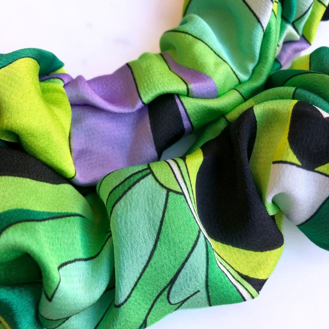 Best hair tie elastics and scrunchie hair accessories for snag-free, pull-free, rip-free, hair. Smooth, effortless hair ties and hair scrunchies for athletes, active moms, fitness, & sports. Lucky Green Buckle Scrunchie - No Snagging, No Tangles