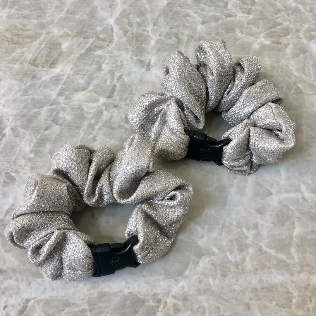 Best hair tie elastics and scrunchie hair accessories for snag-free, pull-free, rip-free, hair. Smooth, effortless hair ties and hair scrunchies for athletes, active moms, fitness, & sports. Sparkling Silver Buckle Scrunchie - No Snagging, No Tangles