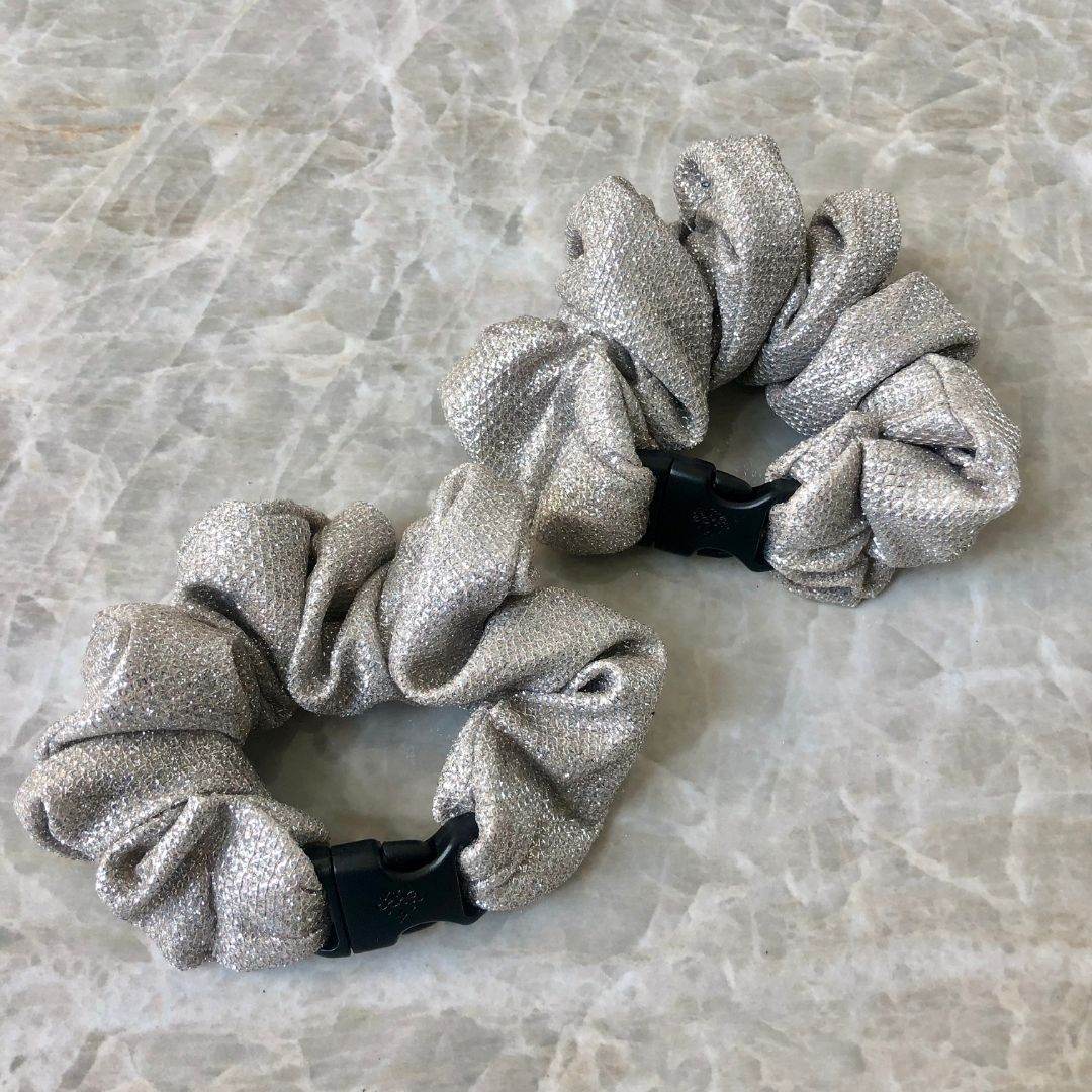 Best hair tie elastics and scrunchie hair accessories for snag-free, pull-free, rip-free, hair. Smooth, effortless hair ties and hair scrunchies for athletes, active moms, fitness, & sports. Sparkling Silver Buckle Scrunchie - No Snagging, No Tangles
