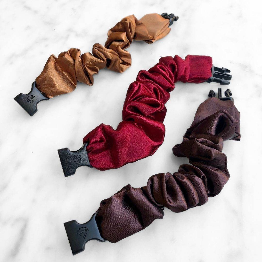 Best hair tie elastics and scrunchie hair accessories for snag-free, pull-free, rip-free, hair. Smooth, effortless hair ties and hair scrunchies for athletes, active moms, fitness, & sports. Fall Essentials - 3-Pack Autumn Halloween Buckle Scrunchies - No Snagging, No Tangles