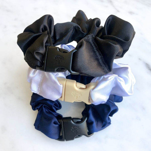 Best hair tie elastics and scrunchie hair accessories for snag-free, pull-free, rip-free, hair. Smooth, effortless hair ties and hair scrunchies for athletes, active moms, fitness, & sports. Power Trio - 3-Pack Neutral Buckle Scrunchies Bundle - No Snagging, No Tangles Recycled Satin Standard (1.25 to 1.5 inch thickness)