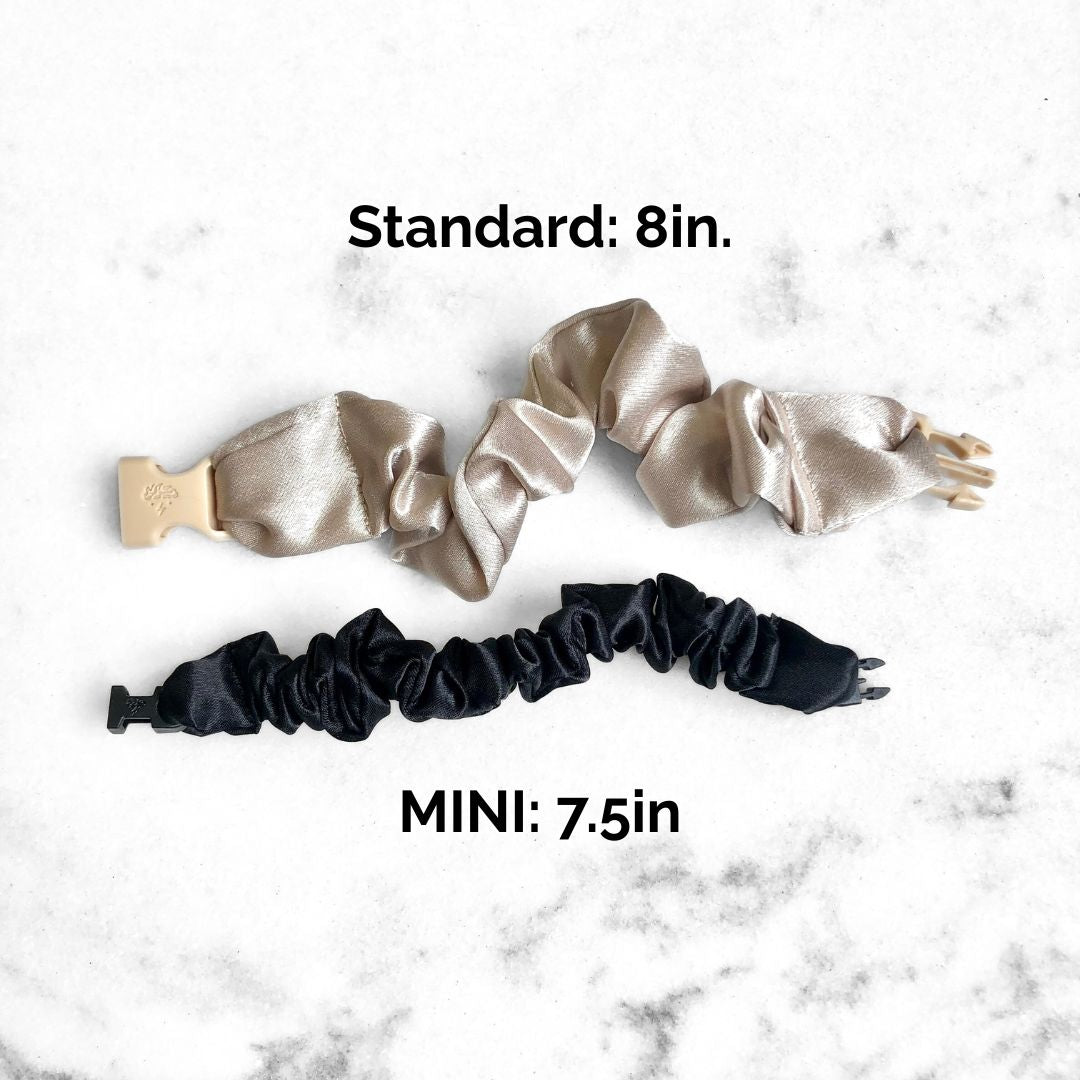 Best hair tie elastics and scrunchie hair accessories for snag-free, pull-free, rip-free, hair. Smooth, effortless hair ties and hair scrunchies for athletes, active moms, fitness, & sports. MINI 3-Pack Neutral Buckle Scrunchies Bundle - No Snagging, No Tangles