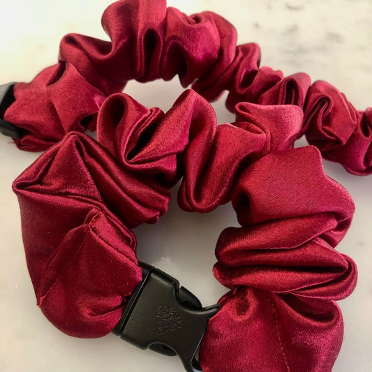 Best hair tie elastics and scrunchie hair accessories for snag-free, pull-free, rip-free, hair. Smooth, effortless hair ties and hair scrunchies for athletes, active moms, fitness, & sports. Cherry Red Buckle Scrunchie - No Snagging, No Tangles
