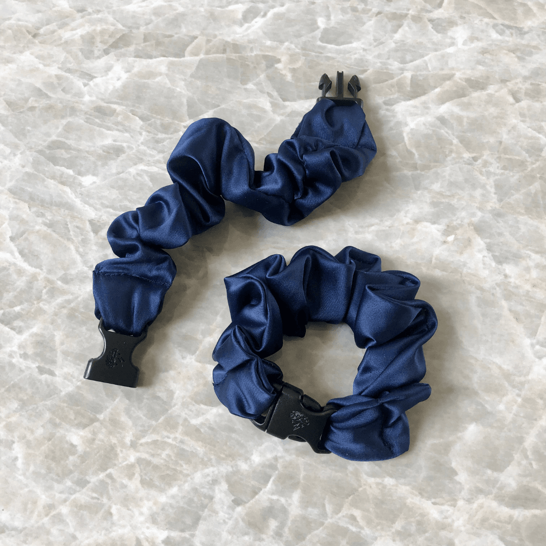 Best hair tie elastics and scrunchie hair accessories for snag-free, pull-free, rip-free, hair. Smooth, effortless hair ties and hair scrunchies for athletes, active moms, fitness, & sports. Buckle Scrunchie - Vibrant Solid Colors - No Snagging, No Tangles Midnight Navy Recycled Satin Standard (1.25 to 1.5 inch thickness)