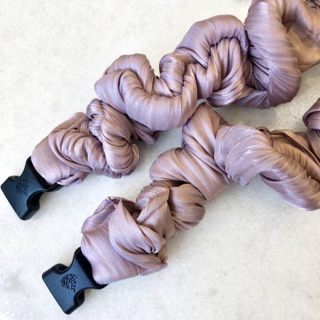 Best hair tie elastics and scrunchie hair accessories for snag-free, pull-free, rip-free, hair. Smooth, effortless hair ties and hair scrunchies for athletes, active moms, fitness, & sports. Lavender Cloud Buckle Scrunchie - No Snagging, No Tangles