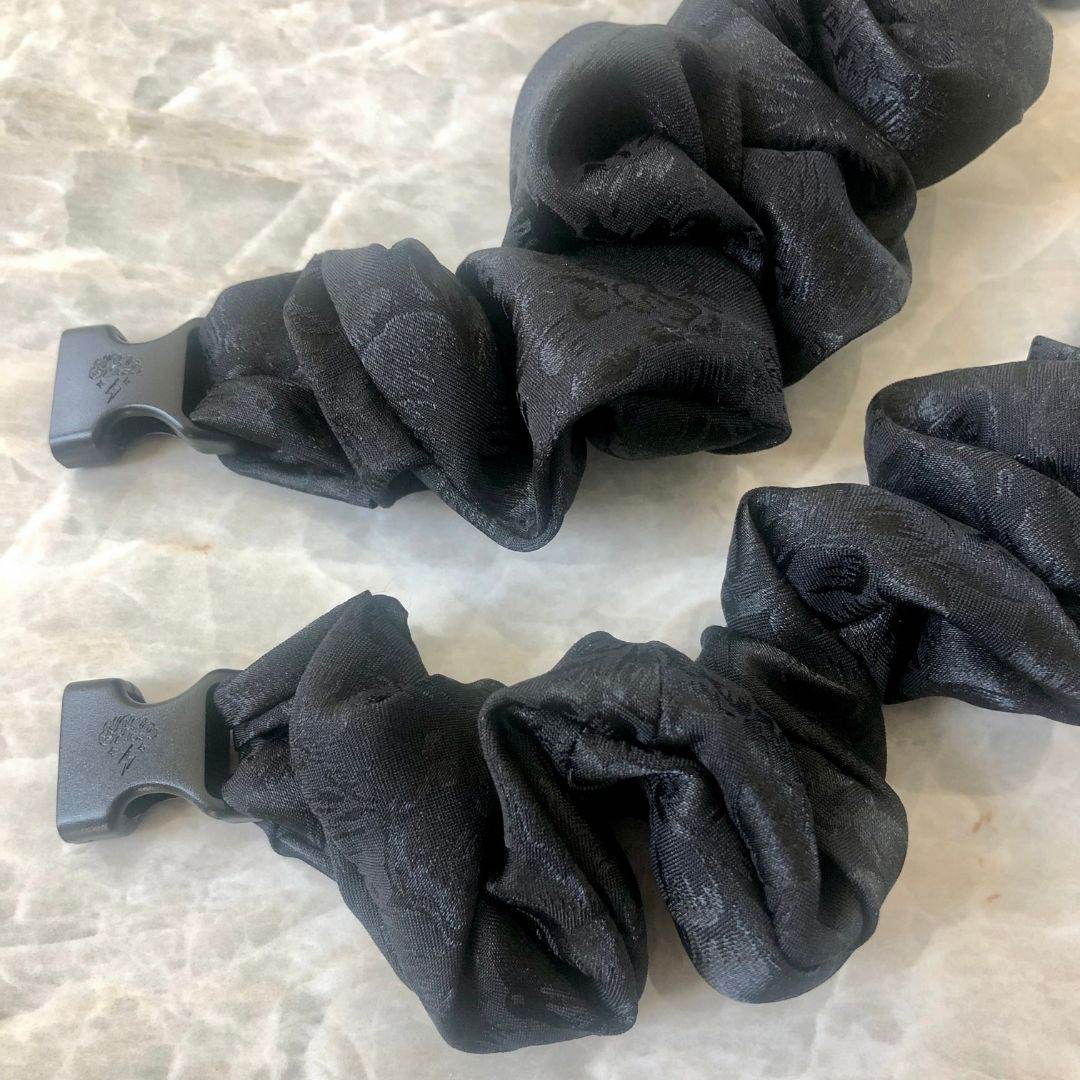 Best hair tie elastics and scrunchie hair accessories for snag-free, pull-free, rip-free, hair. Smooth, effortless hair ties and hair scrunchies for athletes, active moms, fitness, & sports. Ornate Floral Buckle Scrunchie - No Snagging, No Tangles