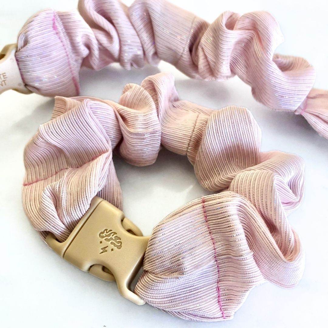 Best hair tie elastics and scrunchie hair accessories for snag-free, pull-free, rip-free, hair. Smooth, effortless hair ties and hair scrunchies for athletes, active moms, fitness, & sports. Candy Floss Pink Buckle Scrunchie - No Snagging, No Tangles Candy Floss Pink