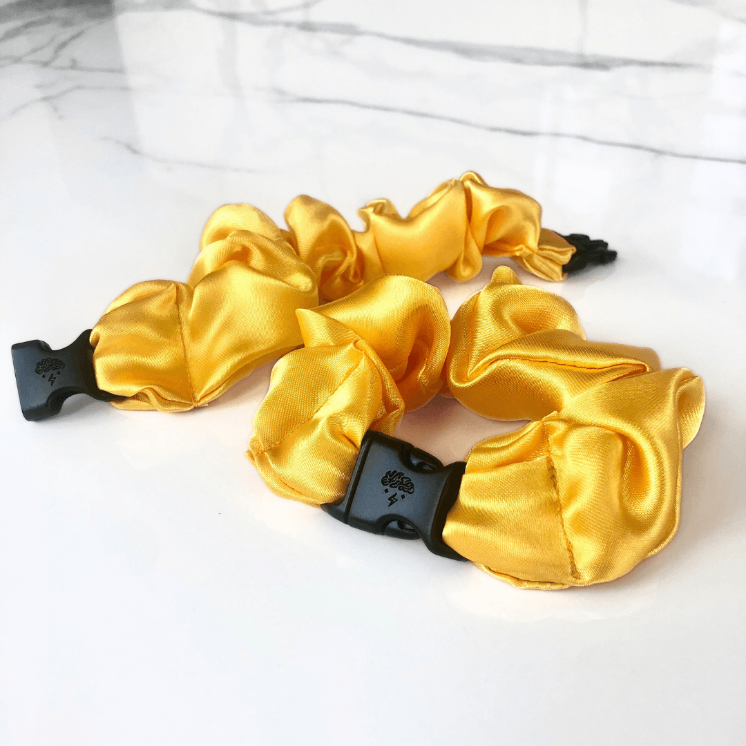 Best hair tie elastics and scrunchie hair accessories for snag-free, pull-free, rip-free, hair. Smooth, effortless hair ties and hair scrunchies for athletes, active moms, fitness, & sports. Warm Collection Buckle Scrunchies - No Snagging, No Tangles Sunflower Yellow Recycled Satin Standard (1.25 to 1.5 inch thickness)