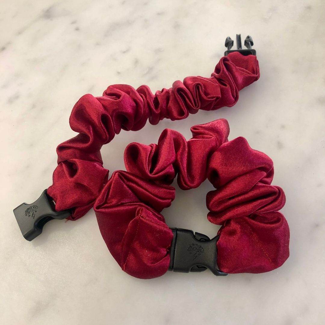 Best hair tie elastics and scrunchie hair accessories for snag-free, pull-free, rip-free, hair. Smooth, effortless hair ties and hair scrunchies for athletes, active moms, fitness, & sports. Cherry Red Buckle Scrunchie - No Snagging, No Tangles