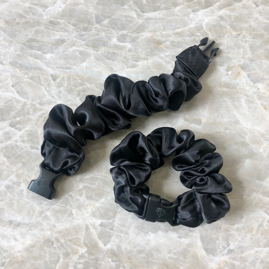 Best hair tie elastics and scrunchie hair accessories for snag-free, pull-free, rip-free, hair. Smooth, effortless hair ties and hair scrunchies for athletes, active moms, fitness, & sports. Buckle Scrunchie - Neutral Colors - No Snagging, No Tangles Industrial Black Recycled Satin Standard (1.25 to 1.5 inch thickness)