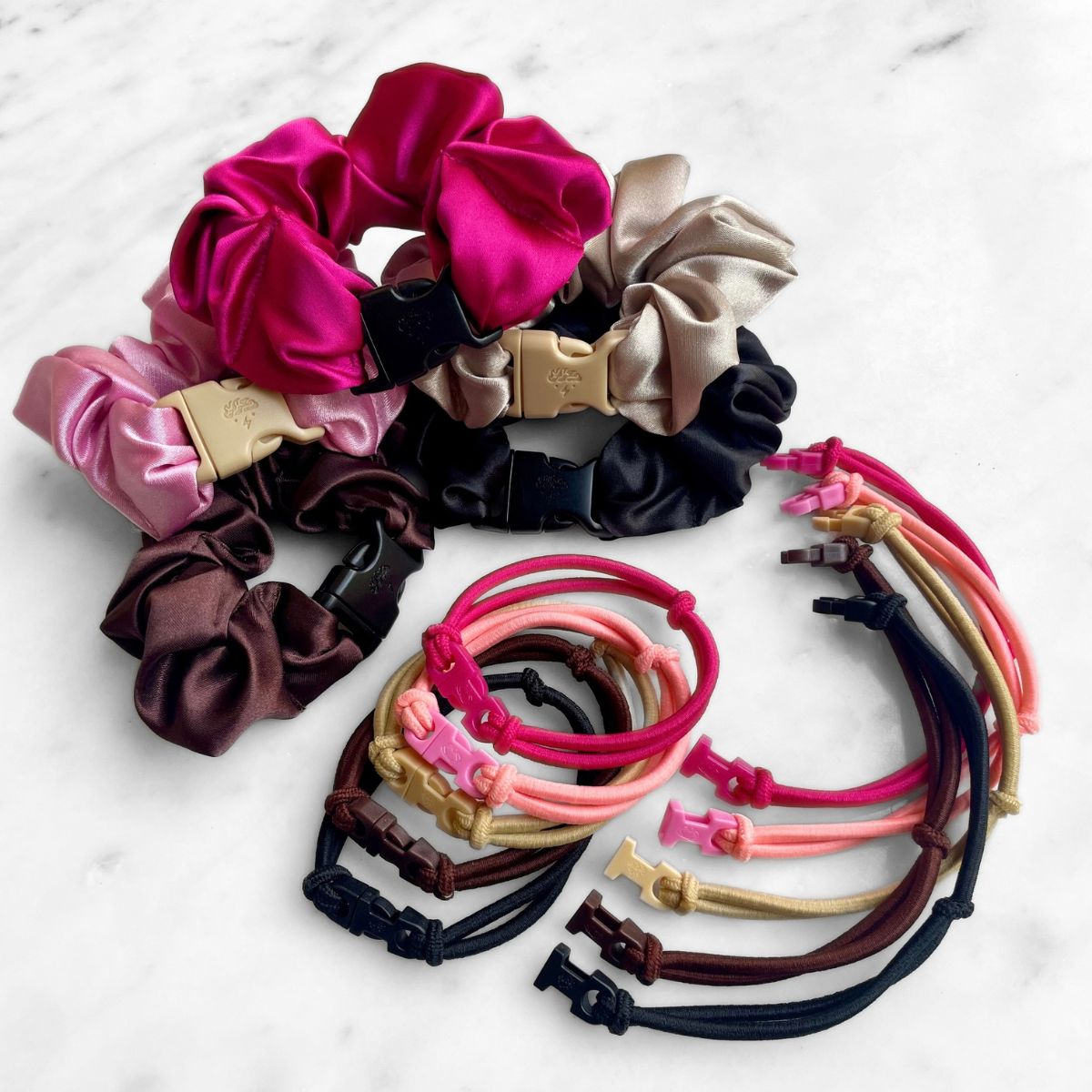 Best Sellers Gift Set Deluxe: 5 Buckle Scrunchies in Hot Pink, Champagne Blonde, Baby Pink, Industrial Black and Chocolate Brown satin with 10 Buckle Hair Ties in matching colors