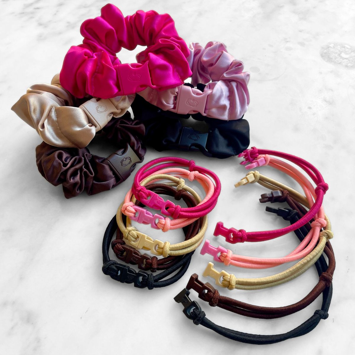 Best Sellers Gift Set Deluxe: 5 Buckle Scrunchies in Hot Pink, Champagne Blonde, Baby Pink, Industrial Black and Chocolate Brown satin with 10 Buckle Hair Ties in matching colors