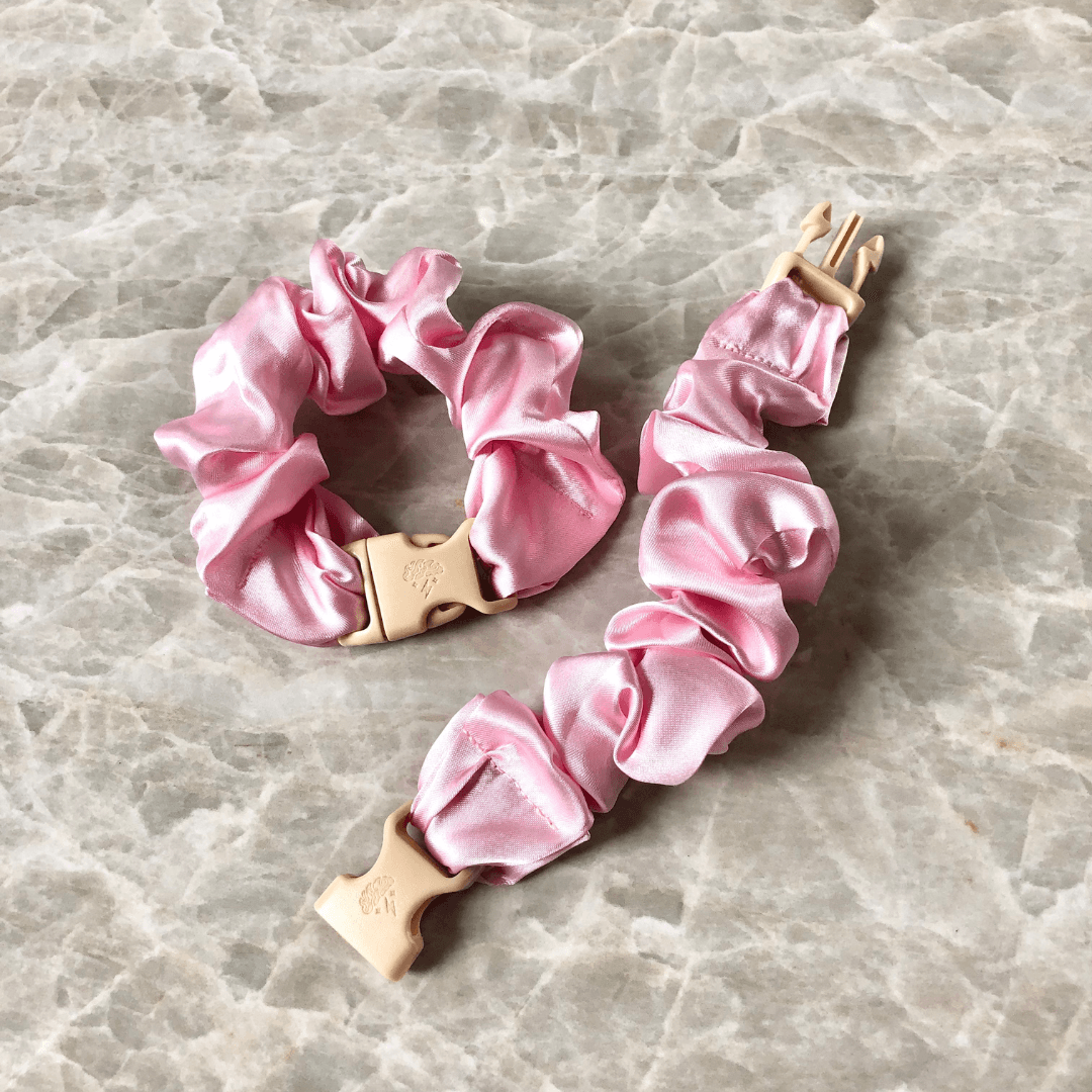 Best hair tie elastics and scrunchie hair accessories for snag-free, pull-free, rip-free, hair. Smooth, effortless hair ties and hair scrunchies for athletes, active moms, fitness, & sports. Buckle Scrunchie - Vibrant Solid Colors - No Snagging, No Tangles Baby Pink Recycled Satin Standard (1.25 to 1.5 inch thickness)