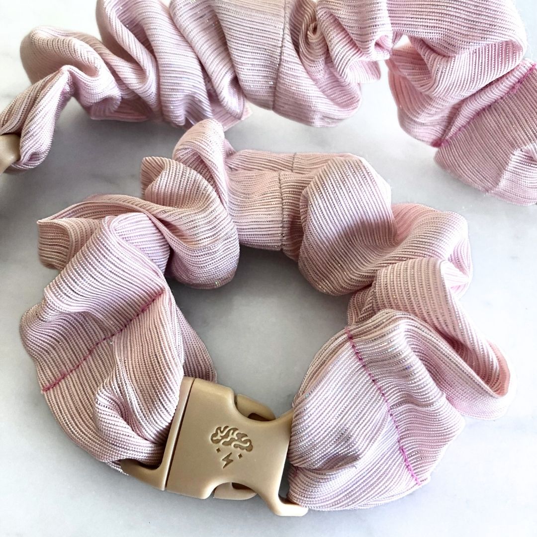Best hair tie elastics and scrunchie hair accessories for snag-free, pull-free, rip-free, hair. Smooth, effortless hair ties and hair scrunchies for athletes, active moms, fitness, & sports. Candy Floss Pink Buckle Scrunchie - No Snagging, No Tangles