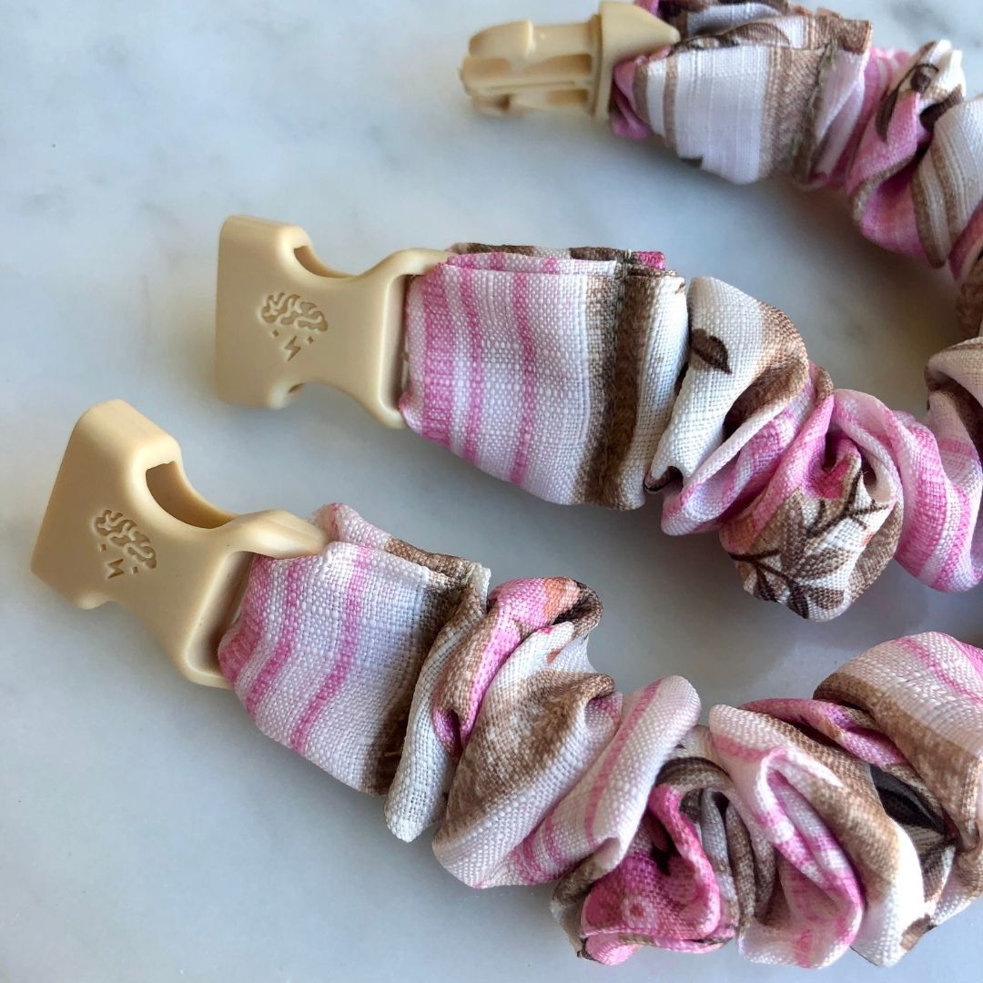 Best hair tie elastics and scrunchie hair accessories for snag-free, pull-free, rip-free, hair. Smooth, effortless hair ties and hair scrunchies for athletes, active moms, fitness, & sports. Pink Rose Stripes Buckle Scrunchie - No Snagging, No Tangles