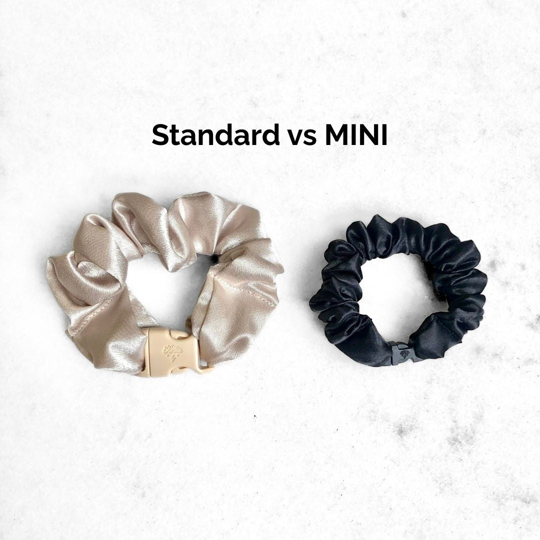 Best hair tie elastics and scrunchie hair accessories for snag-free, pull-free, rip-free, hair. Smooth, effortless hair ties and hair scrunchies for athletes, active moms, fitness, & sports. MINI 3-Pack Neutral Buckle Scrunchies Bundle - No Snagging, No Tangles