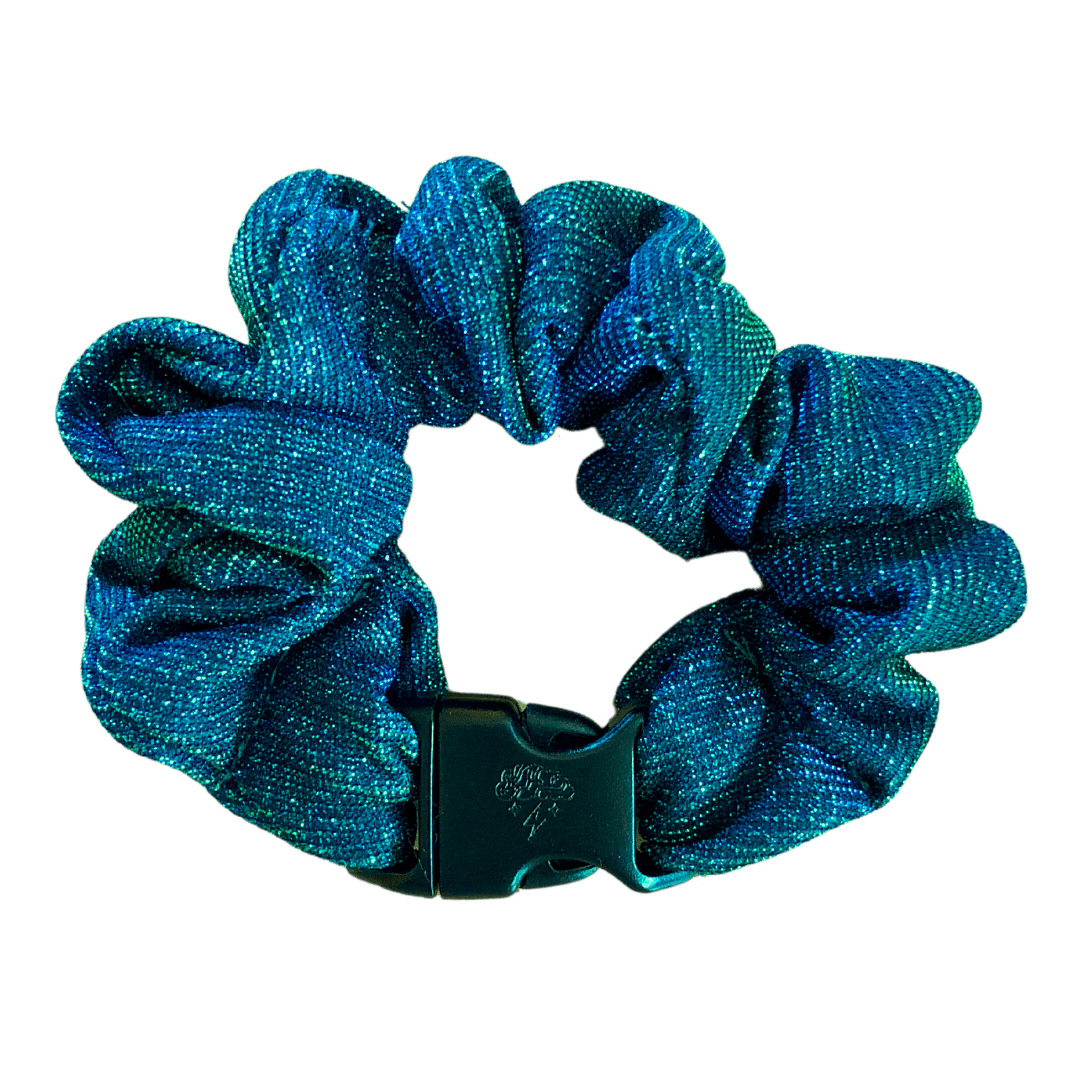 Best hair tie elastics and scrunchie hair accessories for snag-free, pull-free, rip-free, hair. Smooth, effortless hair ties and hair scrunchies for athletes, active moms, fitness, & sports. Mystic Mermaid Teal Buckle Scrunchie - No Snagging, No Tangles