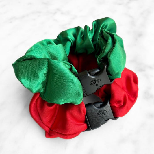 Two festive Buckle Scrunchies in red and green satin for Christmas