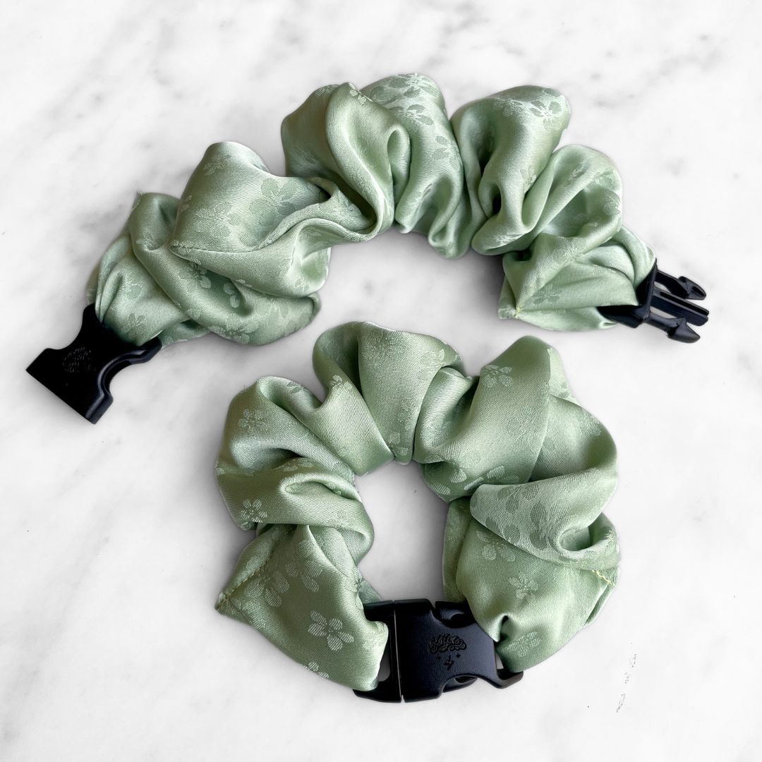 Petal Sage Floral Buckle Scrunchie in jacquard satin