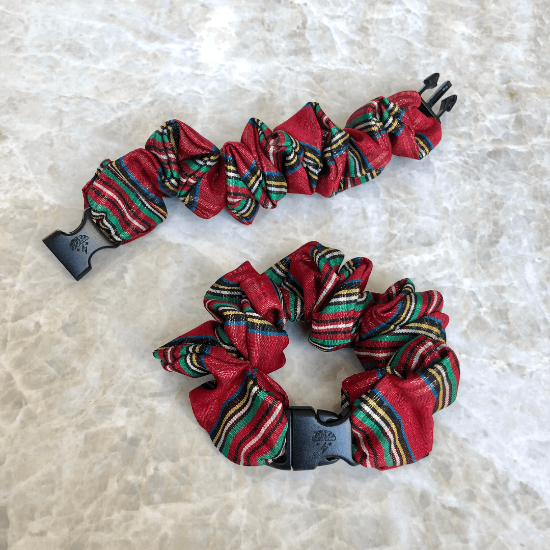 Best hair tie elastics and scrunchie hair accessories for snag-free, pull-free, rip-free, hair. Smooth, effortless hair ties and hair scrunchies for athletes, active moms, fitness, & sports. Christmas Holiday Red Plaid Buckle Scrunchie - No Snagging, No Tangles Holiday Red Plaid Recycled Polyblend Standard (1.25 to 1.5 inch thickness)