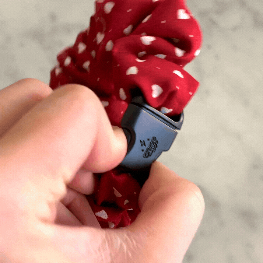 Best hair tie elastics and scrunchie hair accessories for snag-free, pull-free, rip-free, hair. Smooth, effortless hair ties and hair scrunchies for athletes, active moms, fitness, & sports. Hearts Red Buckle Scrunchie - No Snagging, No Tangles